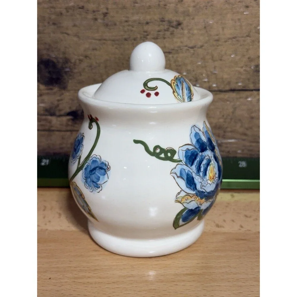 🔥RARE- Maxcera Blue Jacquard Rouge Canister/cookie Jar Floral Motifs Hand Paint
